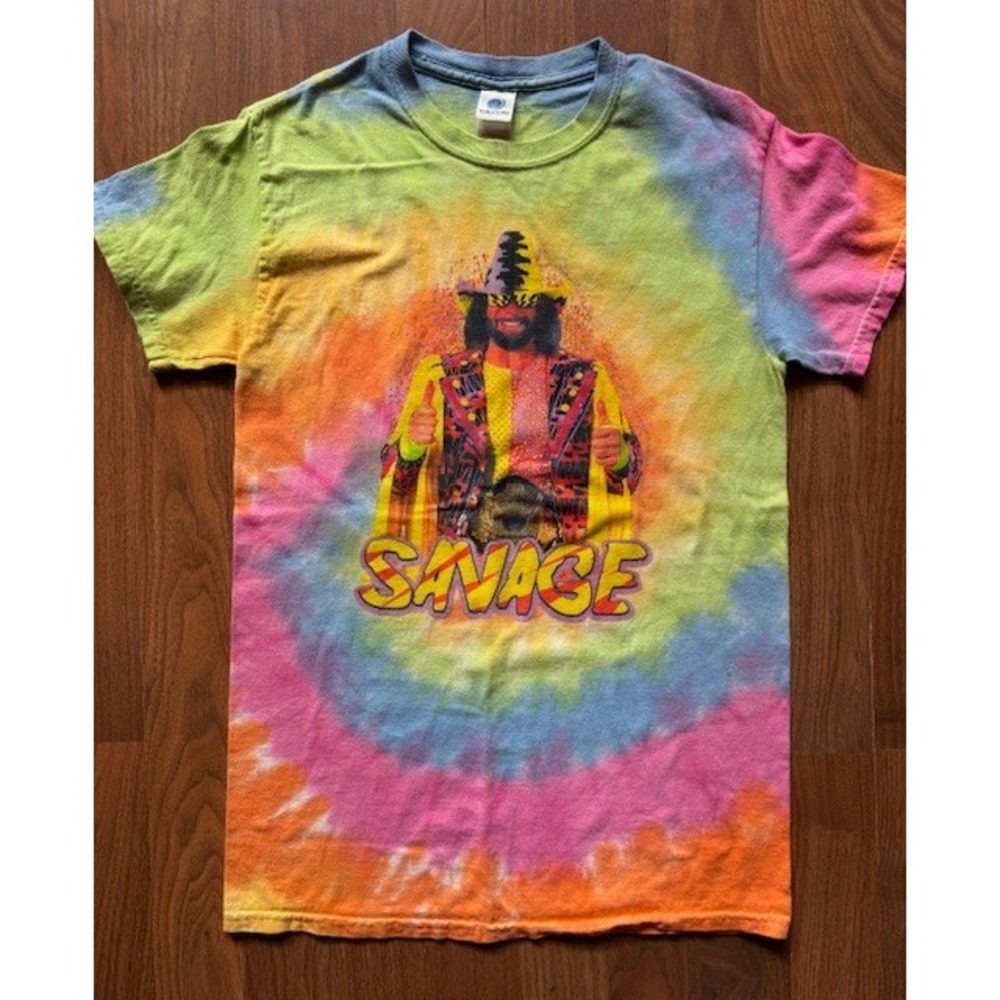 Vintage MACHO MAN RANDY SAVAGE Wrestling T‎ Shirt SML Tie Dye Y2K Rare Colortone